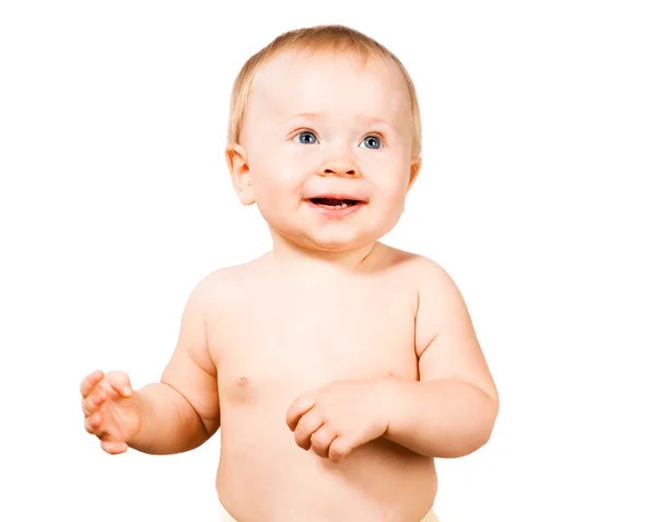 Lindo bebé excitado aislado sobre fondo blanco — Foto de Stock