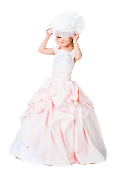 Módní malá holka na sobě nádherné šaty izolovaných na bílém — Stock fotografie