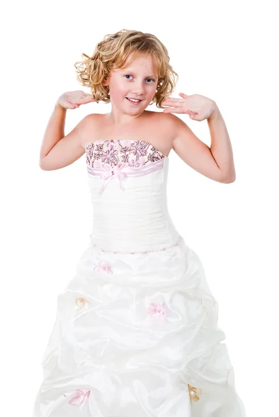 Aranyos tini lány visel ruhát elszigetelt fehér background — Stock Fotó