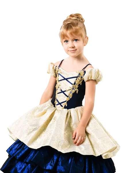 Kis lány visel Sinderella ruha elszigetelt fehér háttér mintázata — Stock Fotó