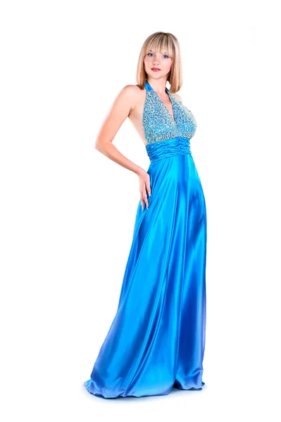 흰색 찾기에 고립 된 푸른 드레스를 입고 매력적인 젊은 여자 로열티 프리 스톡 이미지