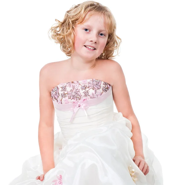 Πορτρέτο του χαριτωμένο κορίτσι έφηβος φορώντας το φόρεμα που απομονώνονται σε λευκό Εικόνα Αρχείου