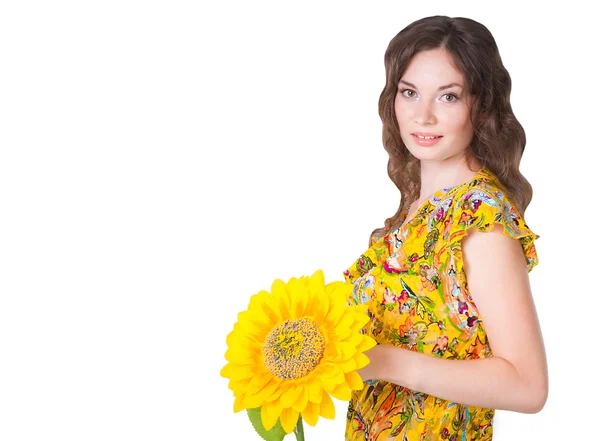 Pretty smiley girl with sunflower — Stock Photo, Image