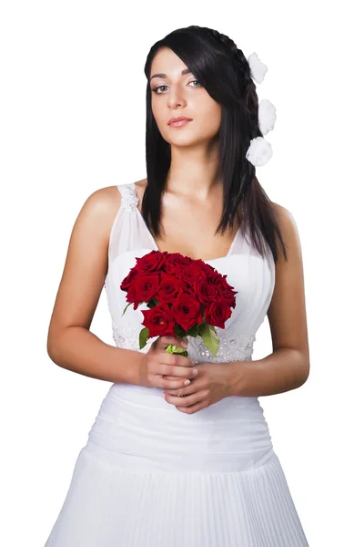 Morena novia vistiendo traje de boda con flores aisladas en w —  Fotos de Stock