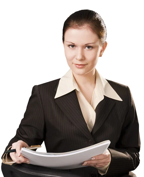 Porträt der schreibenden Geschäftsfrau isoliert auf weißem Hintergrund — Stockfoto