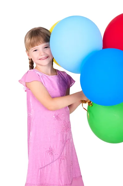 Sorrindo menina segurando balões ramo isolado no backgroun branco — Fotografia de Stock