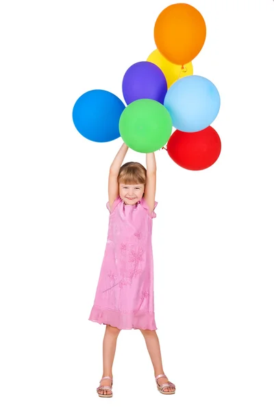Smiling girl holding balloons branch isolated on white backgroun — Stock Photo, Image