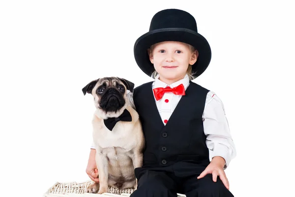 stock image Little boy with dog set up for valentines greeting isolated on w