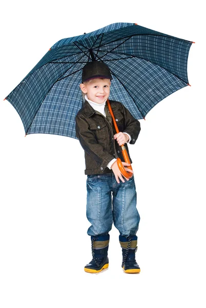 Smiling boy under umbrella isolated on white background — Stock Photo, Image