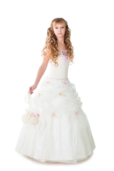 Majestueuze jong meisje dragen lichte jurk dansen geïsoleerd over whi — Stockfoto