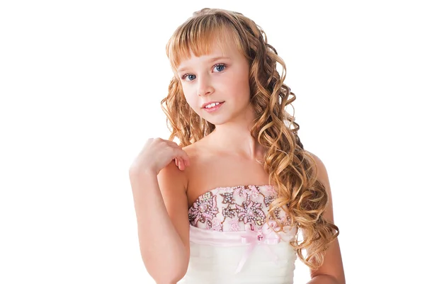 Retrato de concurso sorridente menina adolescente com rosto bonito isolado — Fotografia de Stock