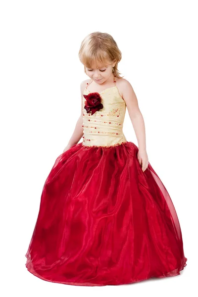 Fashionable little girl wearing gorgeous gown isolated on white — Stock Photo, Image
