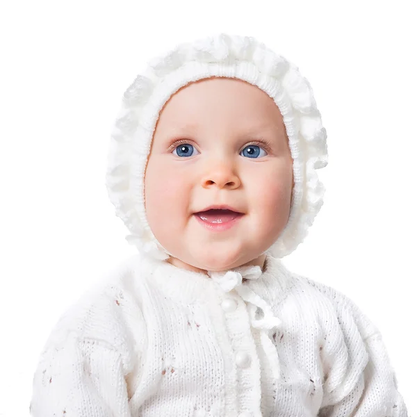 Portrait of baby girl wearing crochet bonnet isolated on white b — Stock Photo, Image