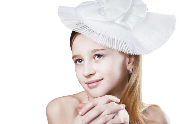 Portrait of Romantic lady in white hat isolated over white — Stock Photo, Image