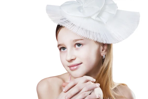 stock image Portrait of Romantic lady in white hat isolated over white