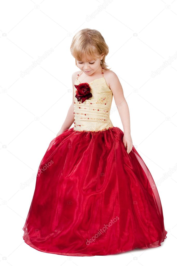 Fashionable little girl wearing gorgeous gown isolated on white