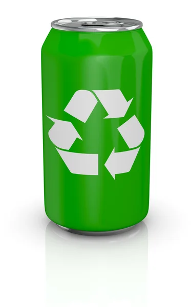 Hliníková dóza s symbol recyklace — Stock fotografie