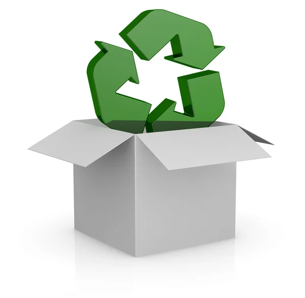 Caja de cartón y símbolo de reciclaje — Foto de Stock