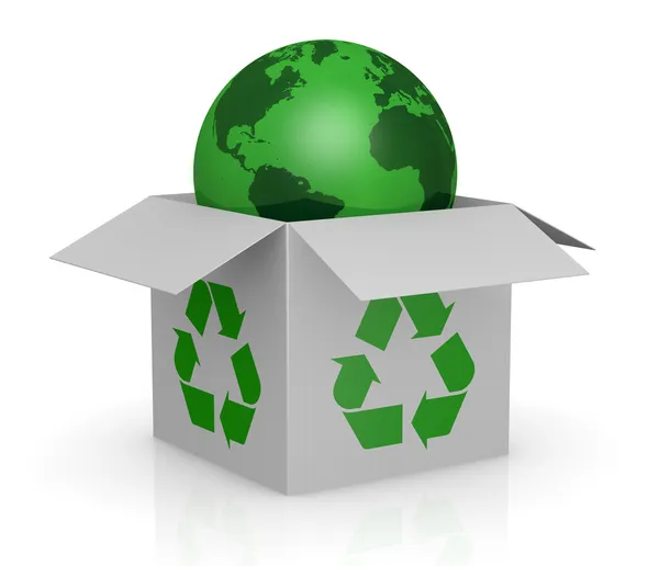 Caixa de papelão, símbolo de reciclagem e um globo terrestre — Fotografia de Stock