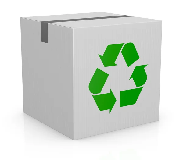 Картонная коробка и символ переработки — стоковое фото