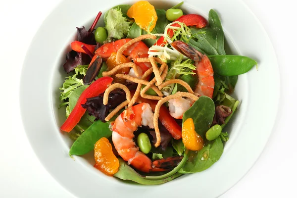 Closeup de prato de salada de camarão asiático com vinagrete de gengibre de soja — Fotografia de Stock