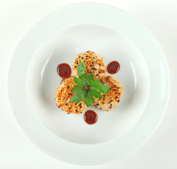 Bird eye view of sesame ginger scallop with hoisin sauce — Stock Photo, Image