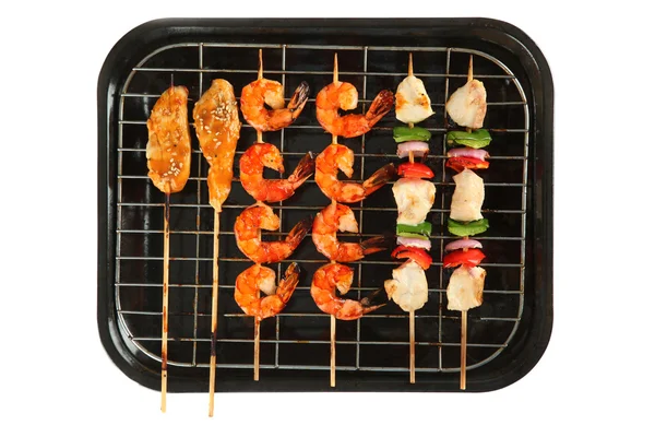 Meat and Vegtable Skewers on Stove Pan — Stock Photo, Image