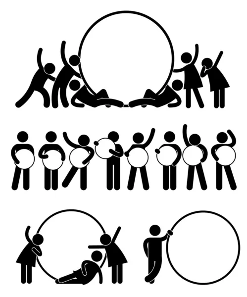 Groupe d'amis d'affaires tenant un symbole vide rond d'icône de bannière — Image vectorielle