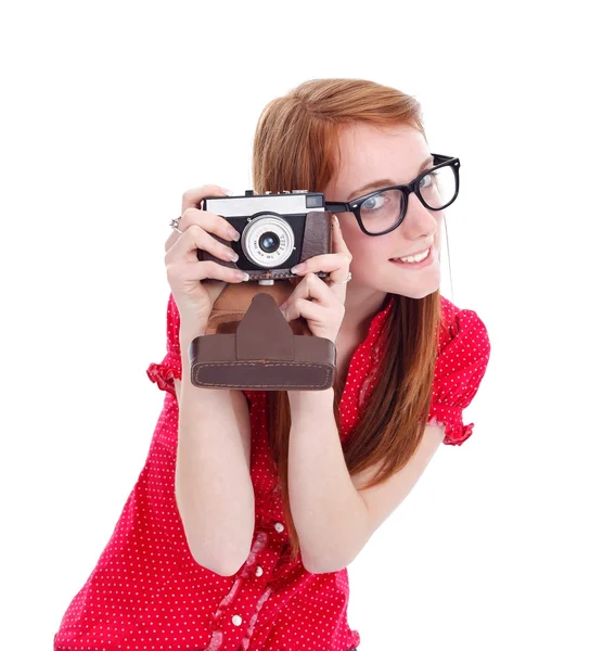 Retro girl med kamera — Stockfoto