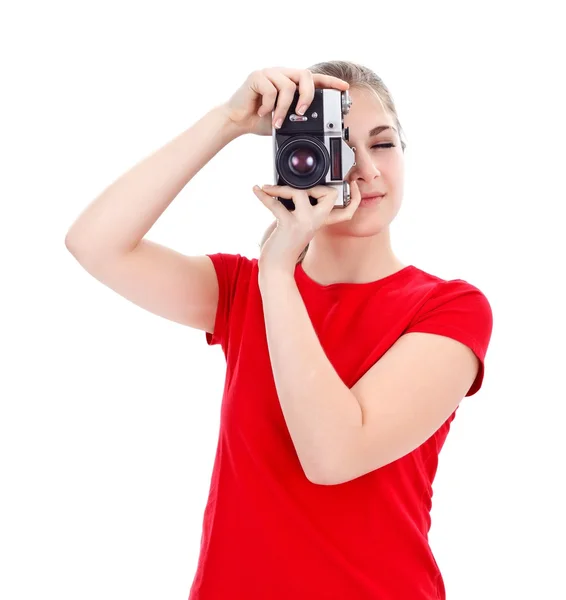 Eski stil kamera ile kız — Stok fotoğraf