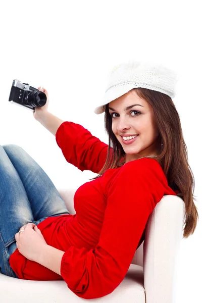 Retro girl with photo camera — Stock Photo, Image