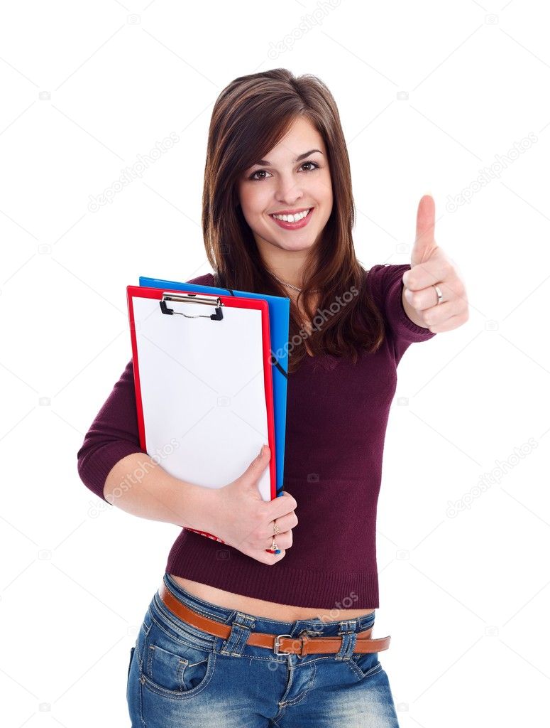 Student girl shows thumbs up