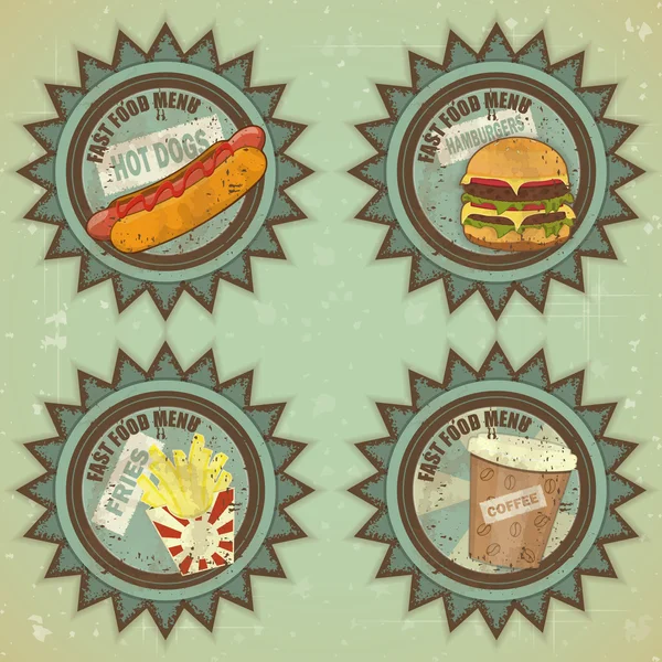 Vintage fast food menü - grunge Etiketler — Stok Vektör