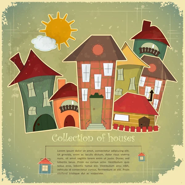 Collection de maisons sur fond vintage — Image vectorielle