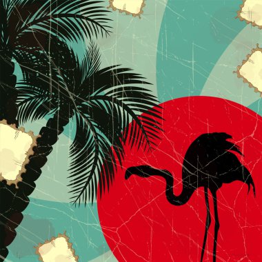 Retro blue tropical background with flamingo clipart