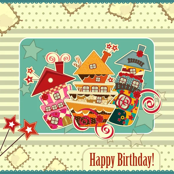 Birthday card with candy houses — Stock Vector
