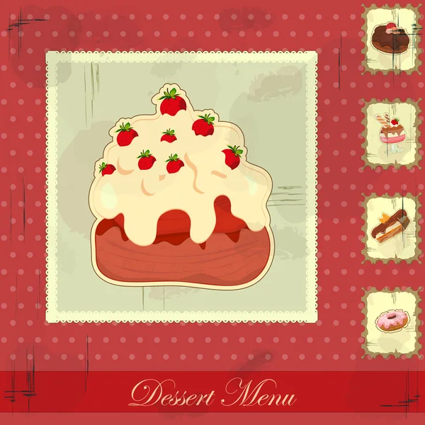 Vintage kaart met een aardbeien en chocolade taart — Stockvector