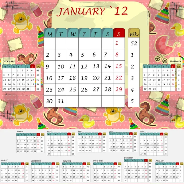 Місячний календар 2012 - всі місяці в наборі — стоковий вектор