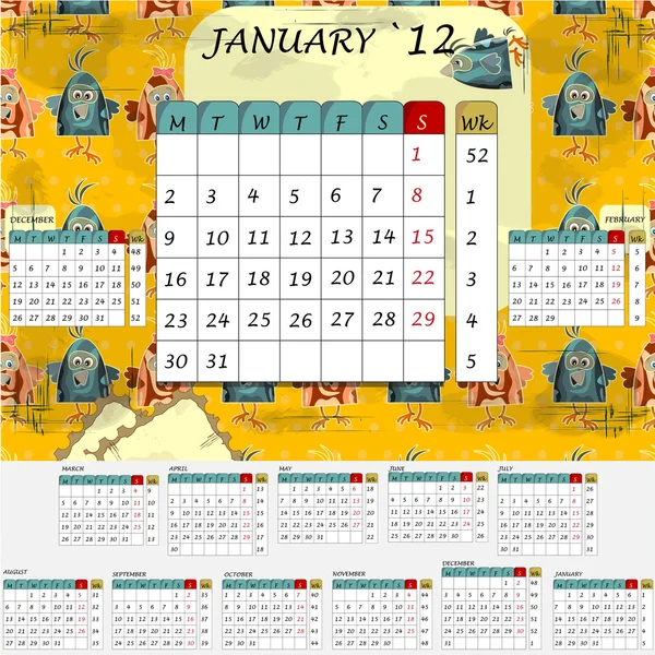 Calendario mensual 2012 - todos los meses en el conjunto — Archivo Imágenes Vectoriales
