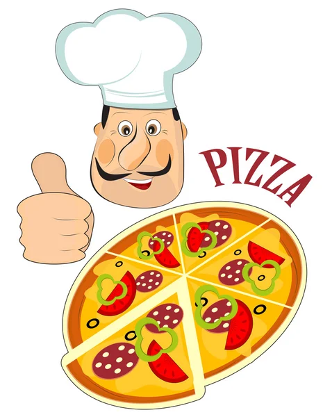 Chef and a pizza isolated on white background — Stock Vector