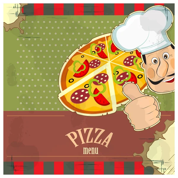 Винтажное меню - шеф-повар и пицца на фоне гранжа — стоковый вектор