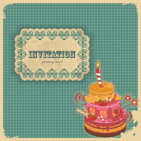 Tarjeta de cumpleaños vintage con pastel y etiqueta retro — Vector de stock