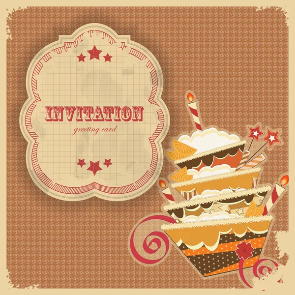 Vintage birthday card with cake and retro label — Stock Vector