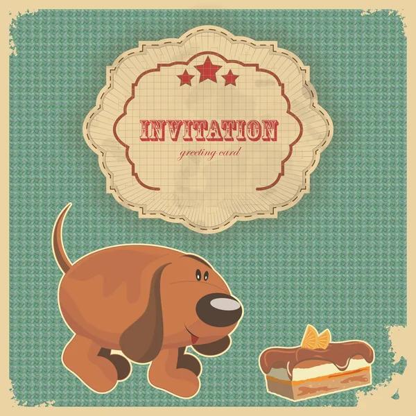 Carte d'anniversaire vintage avec gâteau, chien et étiquette rétro — Image vectorielle