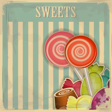 Vintage postcard - sweet candy on striped background