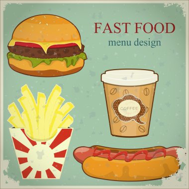 Vintage fast food menu - the food on blue grunge background clipart