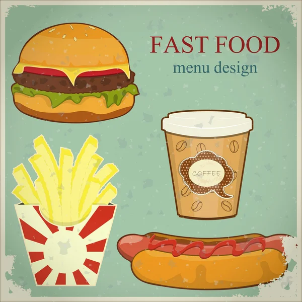 Menu de fast food vintage - a comida em fundo grunge azul —  Vetores de Stock