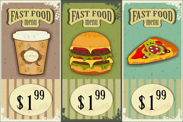 Vintage Fast Food Etiketten - das Essen auf Grunge-Hintergrund — Stockvektor