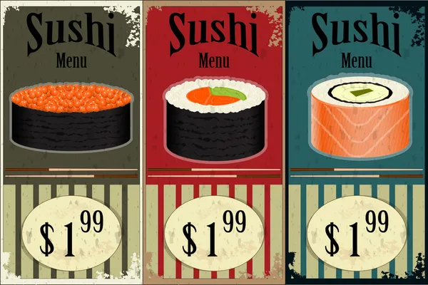 ビンテージ寿司ラベル - グランジ背景に食品 — ストックベクタ
