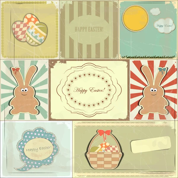 Пасхальные открытки в винтажном стиле - корзина пасхальных яиц и кролика — стоковый вектор